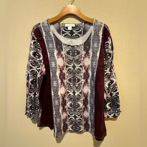 Christopher & Banks Burgundy and Gray Scoopneck  Bejewelled 3/4 Sleeve  Blouse
